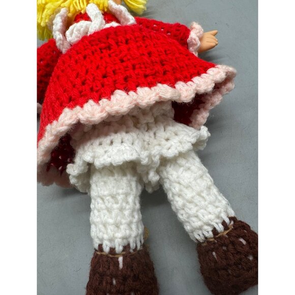 Vintage Handmade Crochet Doll With Yellow Yarn Hair & Red Dress Apron 14" READ - Picture 8 of 9